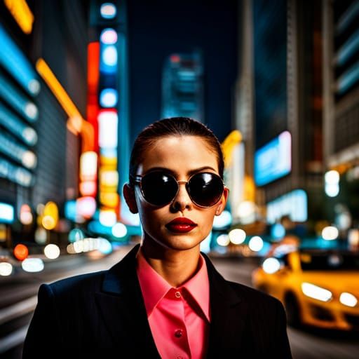 Woman in Blues Brothers Suit in City Night