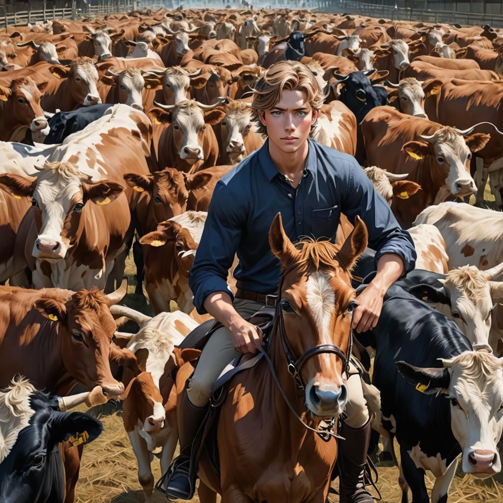 Hyperrealistic Portrait of Blue-Eyed Man on Horse