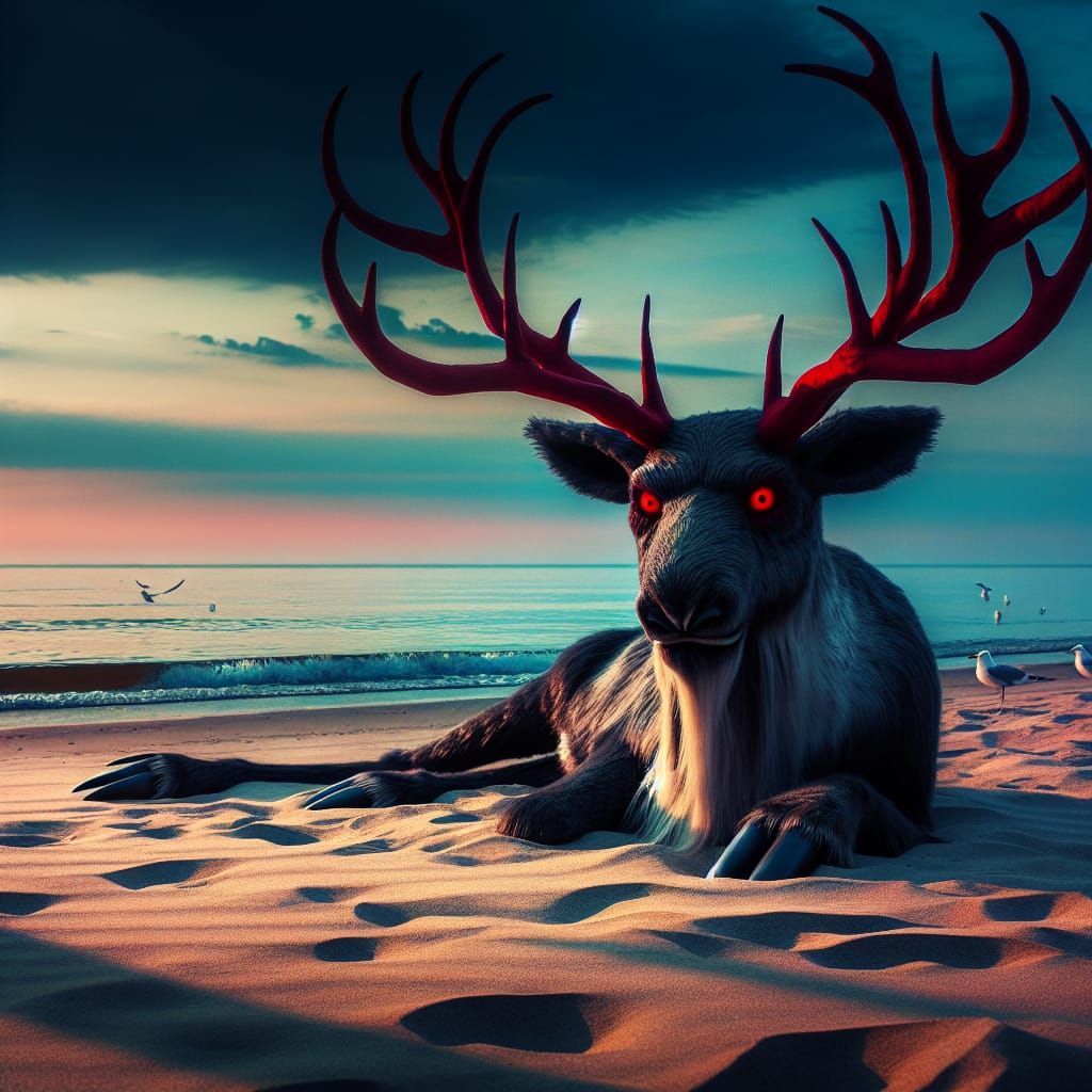 Ominous Reindeer Lounging on a Sunset Beach