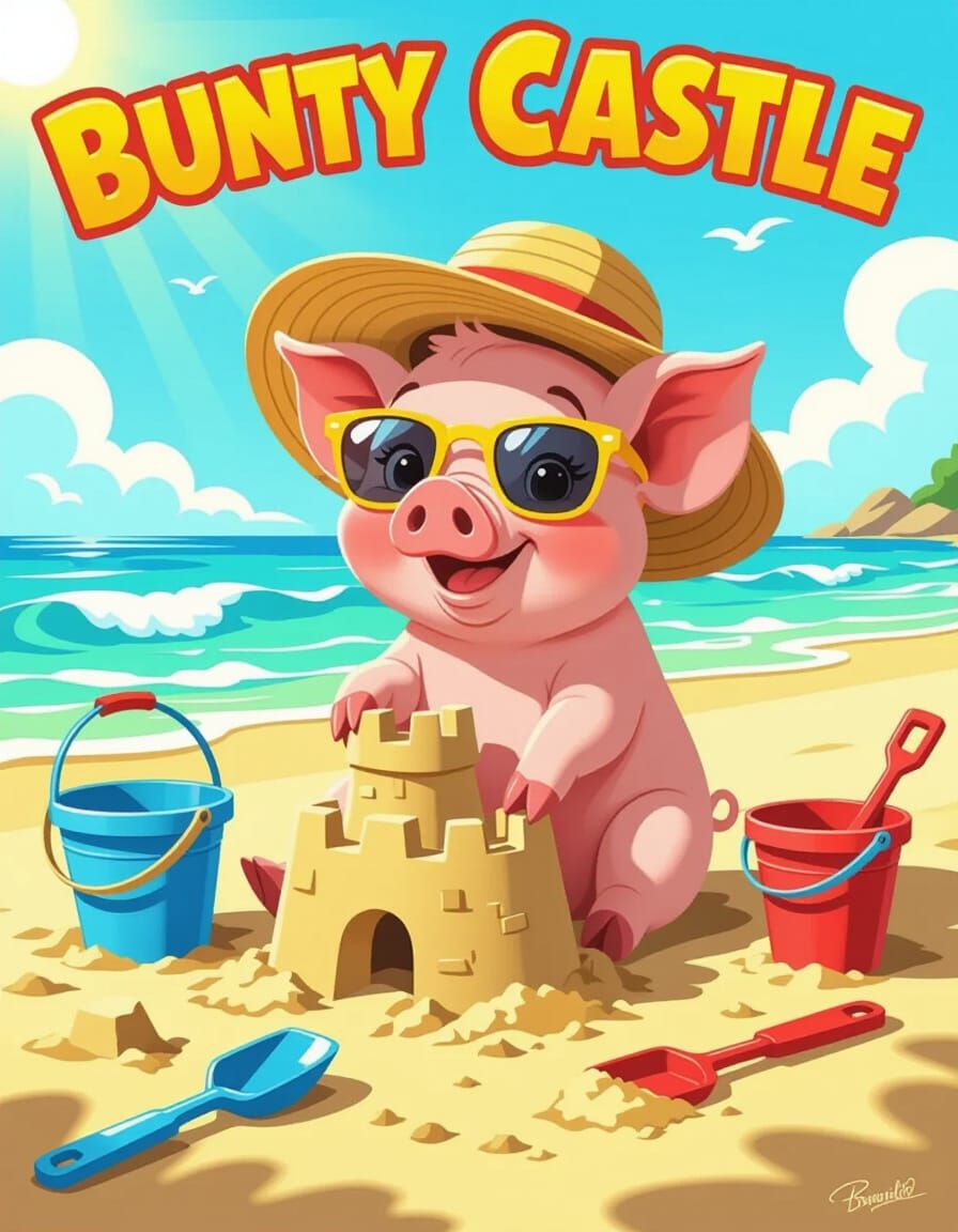Cute Piglet Builds Sandcastle on Beach in Comic Style