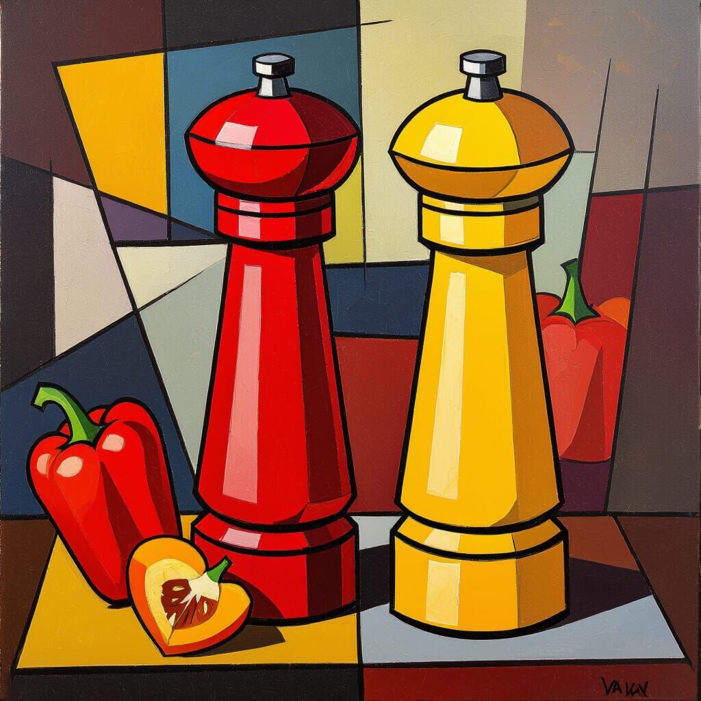 Cubist Pepper Grinders: Picasso Style Still Life