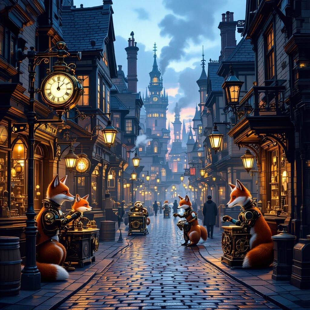 Steampunk City Street at Dusk with Animal Automatons