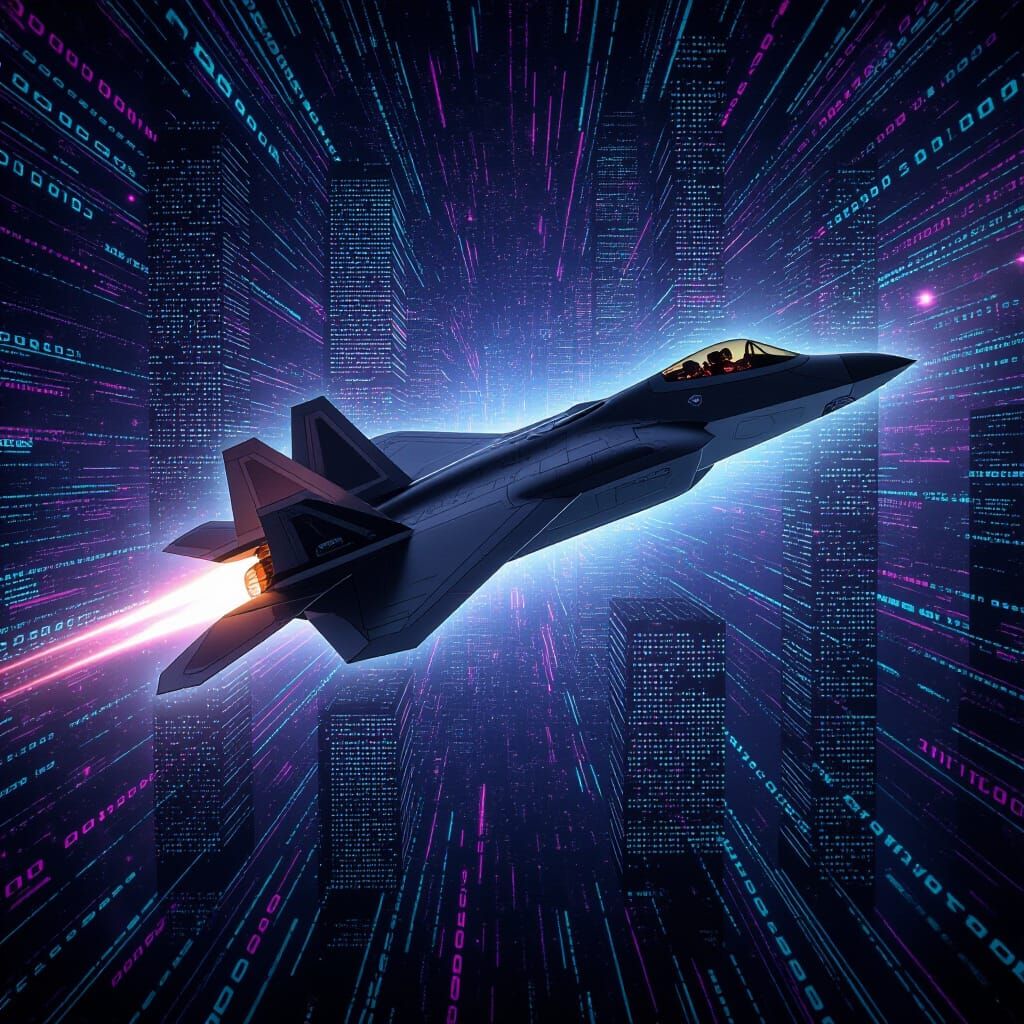 Blacked Out F-22 Jet Flies Through Digital Code Metropolis