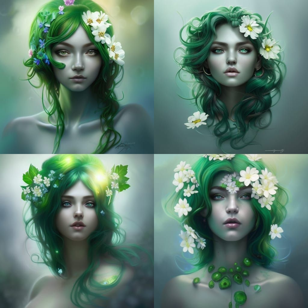 Emerald Haired Earth Goddess Portrait, Detailed Digital Art