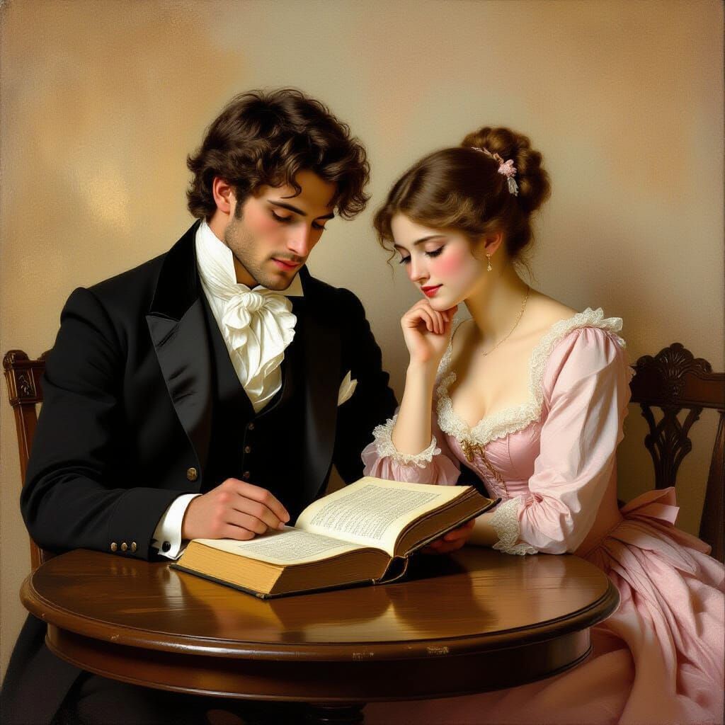 Romantic Scene of Young Couple Studying