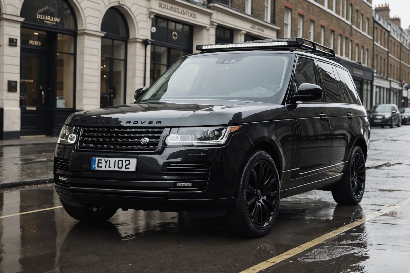 Armored Land Rover Range Rover in Rainy London