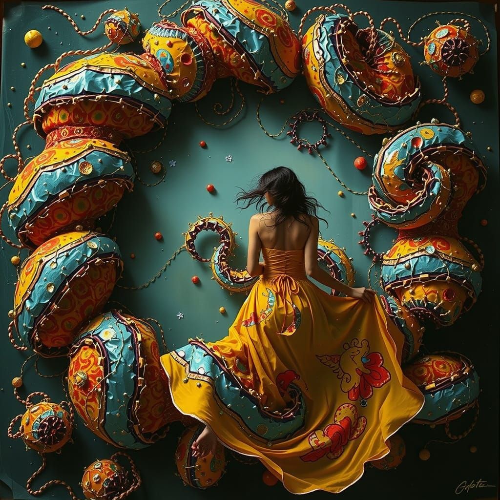 Woman in Flowing Yellow Dress in Garden of Earthly Delights