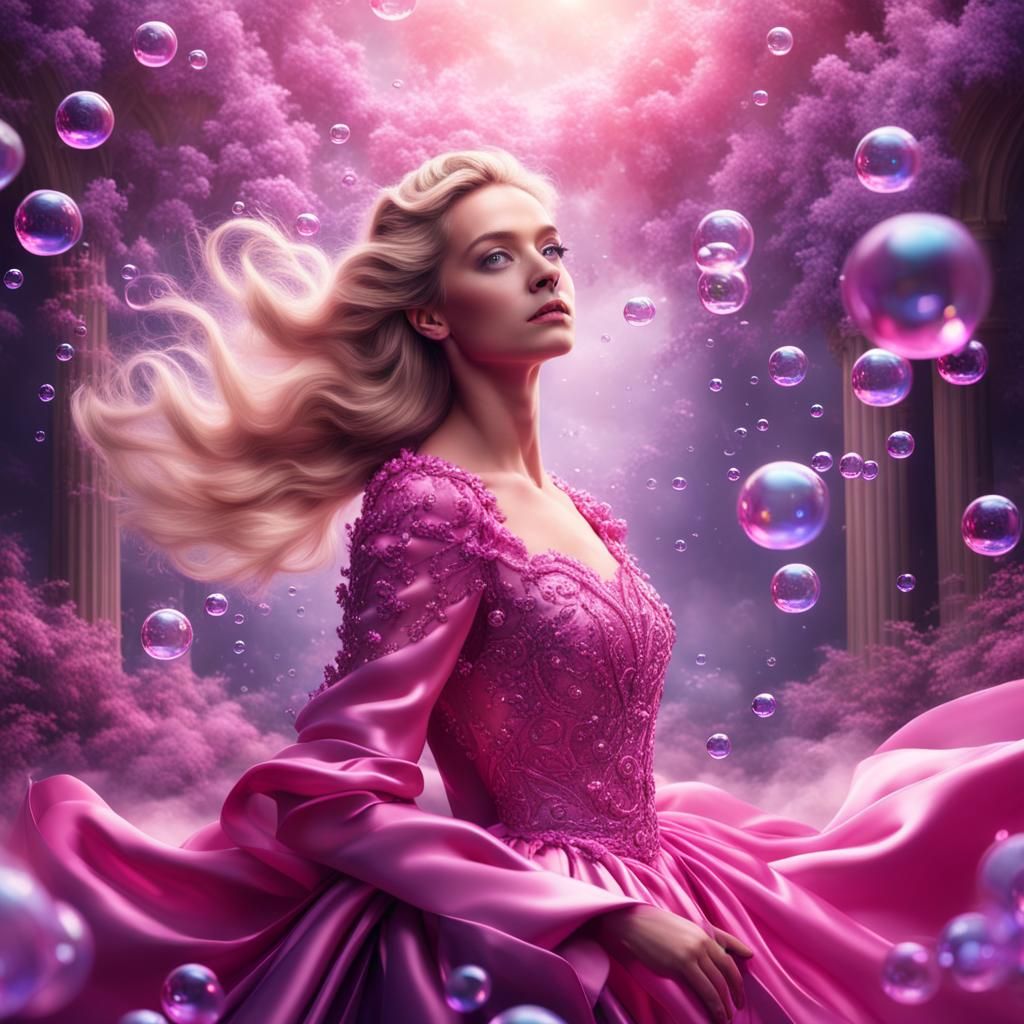 Blonde Woman in Pink Satin With Lavender Bubbles