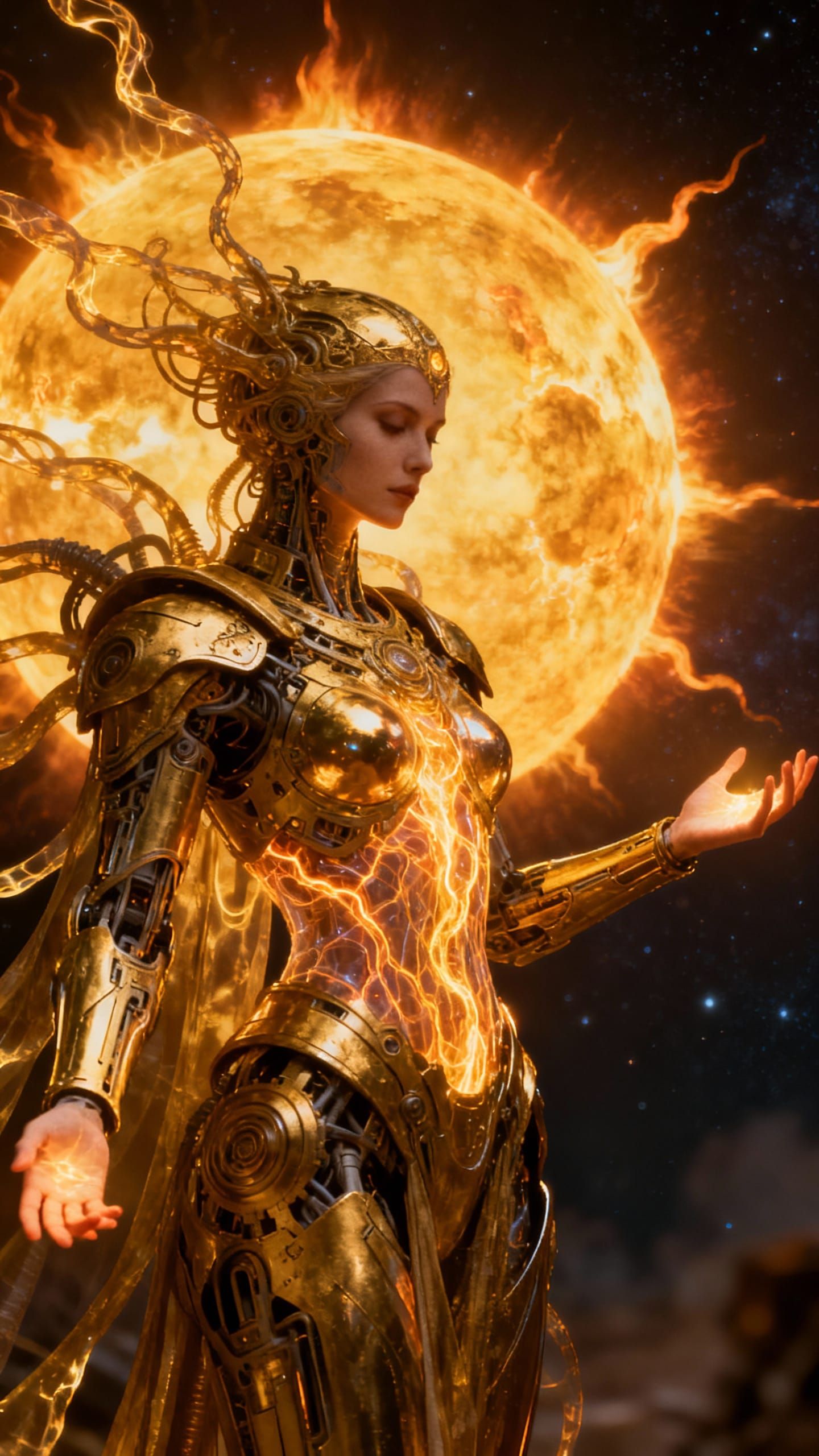 Solar Priestess in Golden Mech Armor with Forge Sun