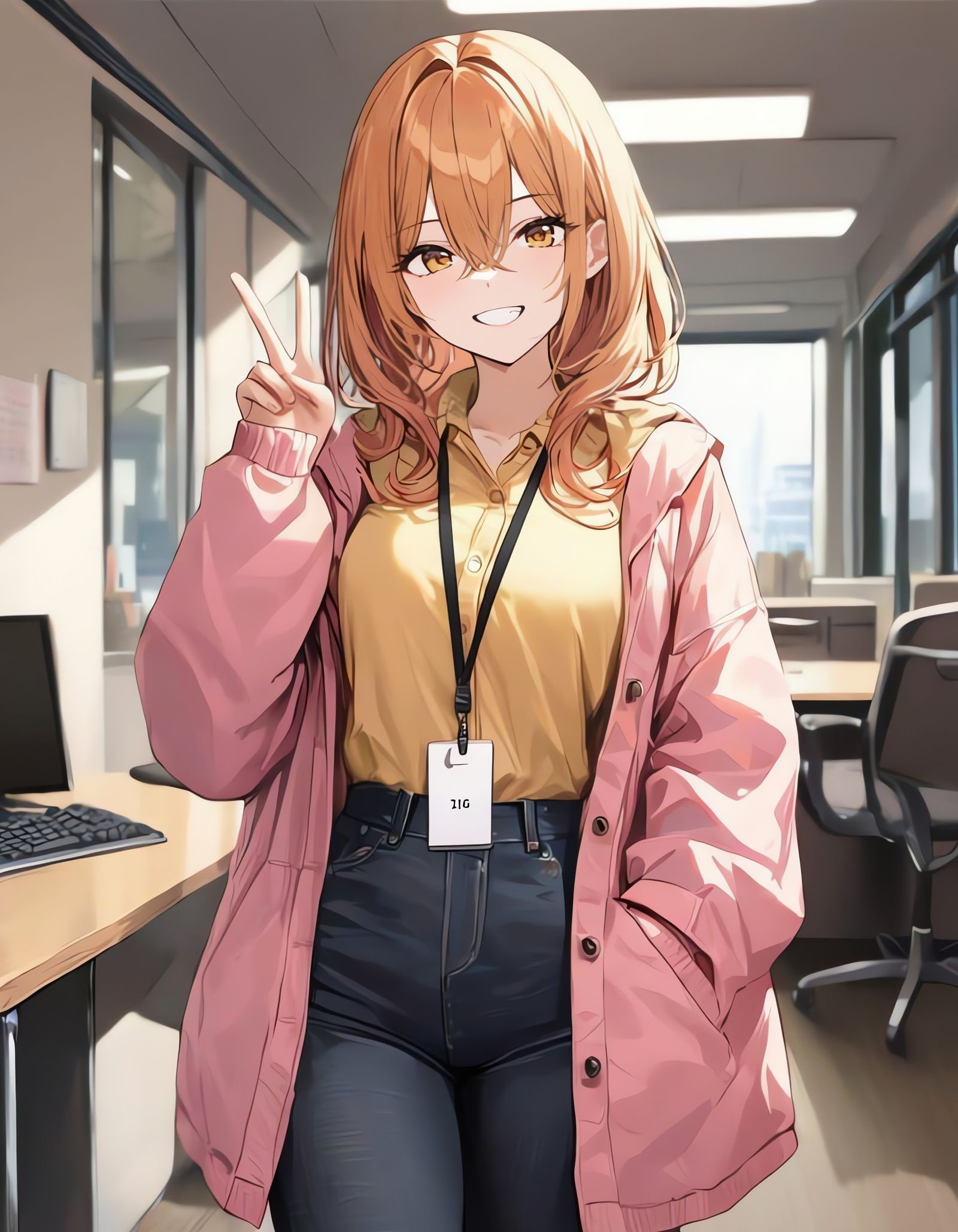 Happy Woman in Office with Orange Hair and Yellow Eyes
