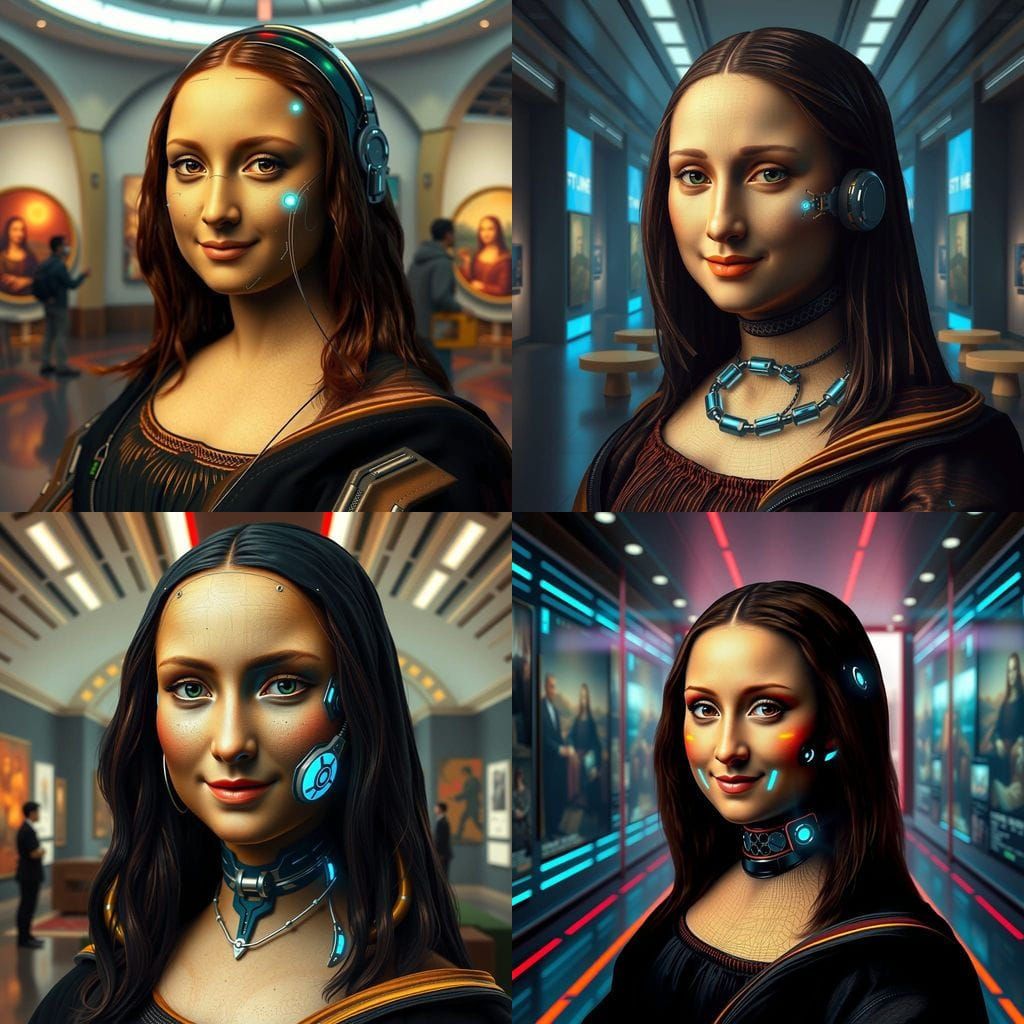 Cyborg Mona Lisa in Futuristic Art Gallery