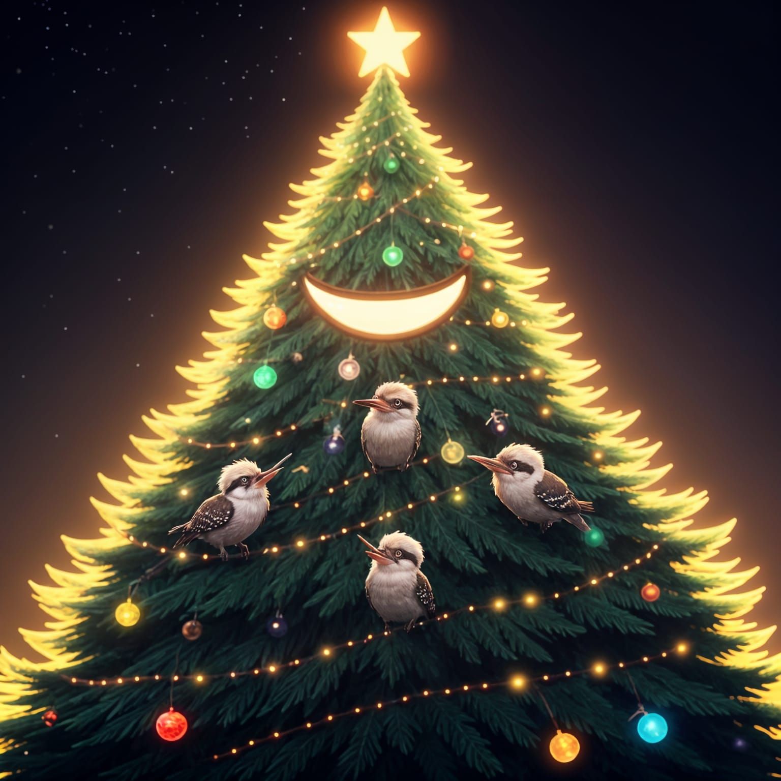 Singing Kookaburra Christmas Tree in Vibrant Anime Style