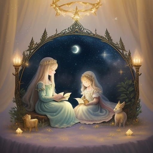 Magical Fairytale: Children Reading Under Starry Sky