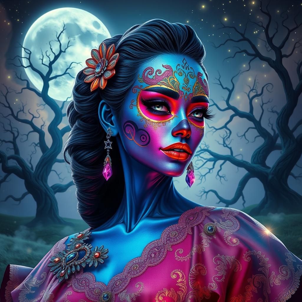 Iridescent Woman in Clown Face Paint, Dreamlike Art