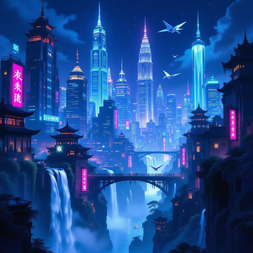 Neon Cityscape Meets Ancient Ruins in Cyberpunk Style