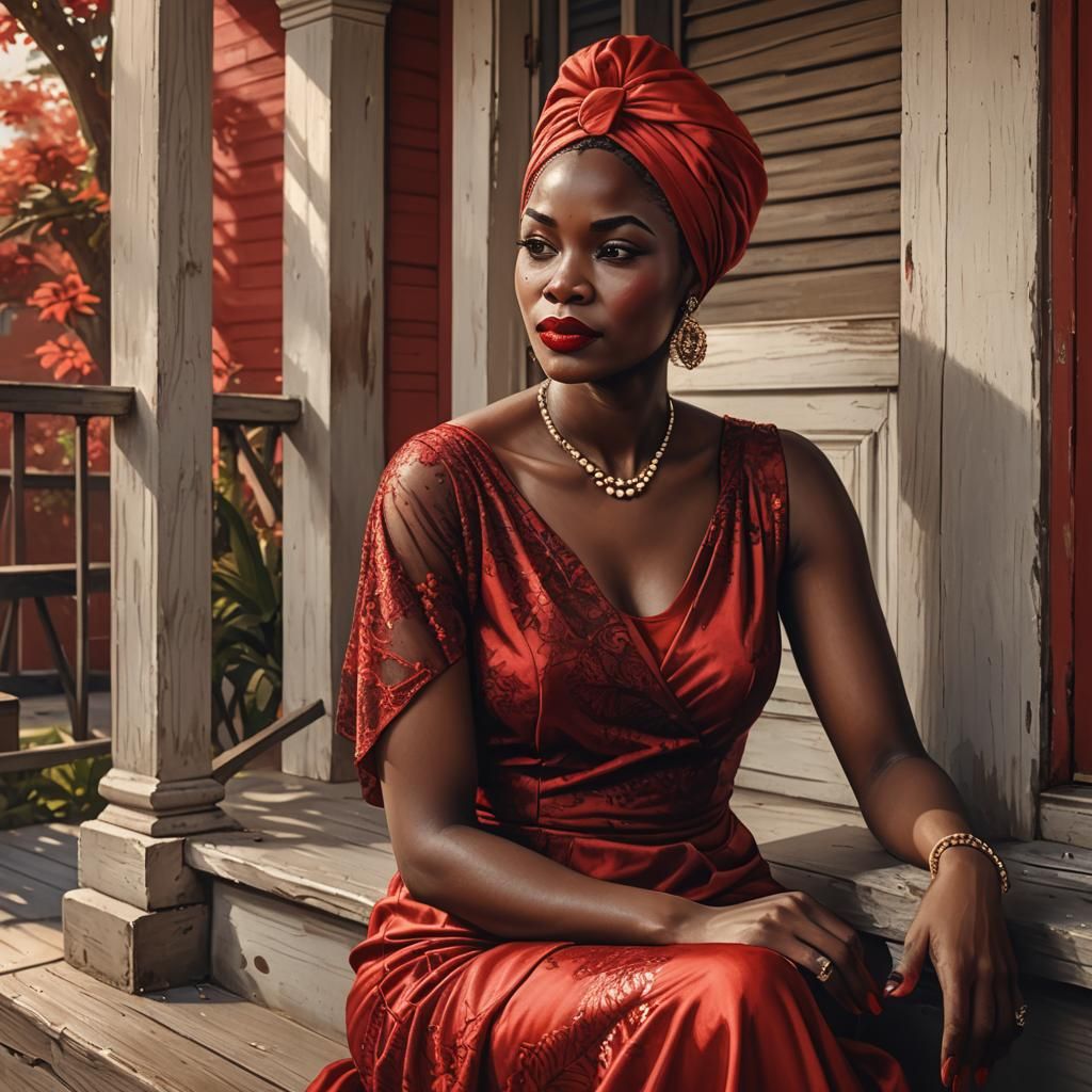 Elegant Woman in Red Dress on Porch