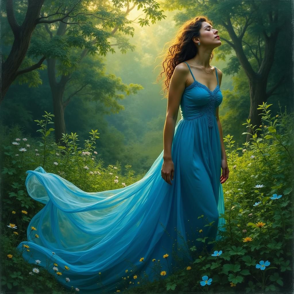 Woman in Blue Dress: Dreamy Impressionistic Landscape