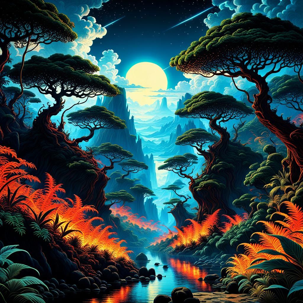 Fiery Celestial Jungle in Kinetic Art Style