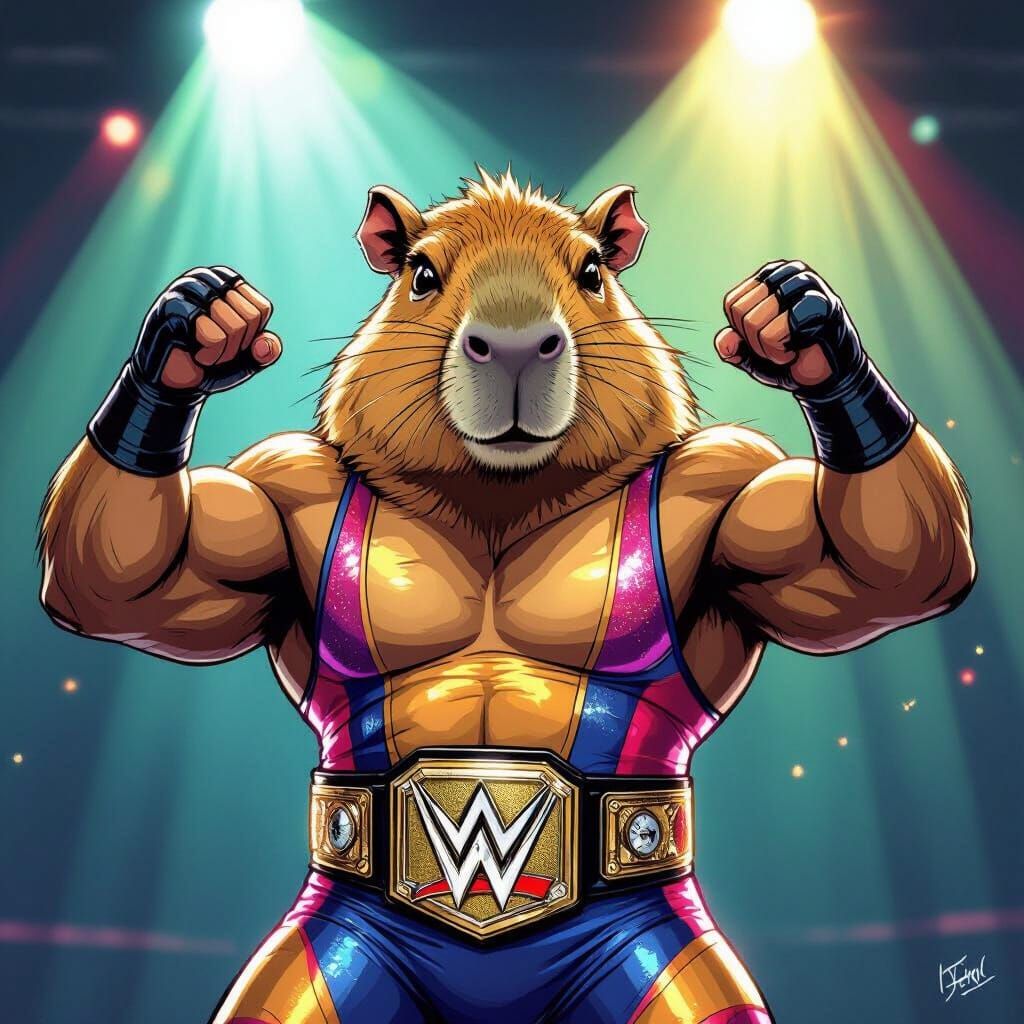 Capybara WWE Wrestler Flexes Muscles in Glittering Costume