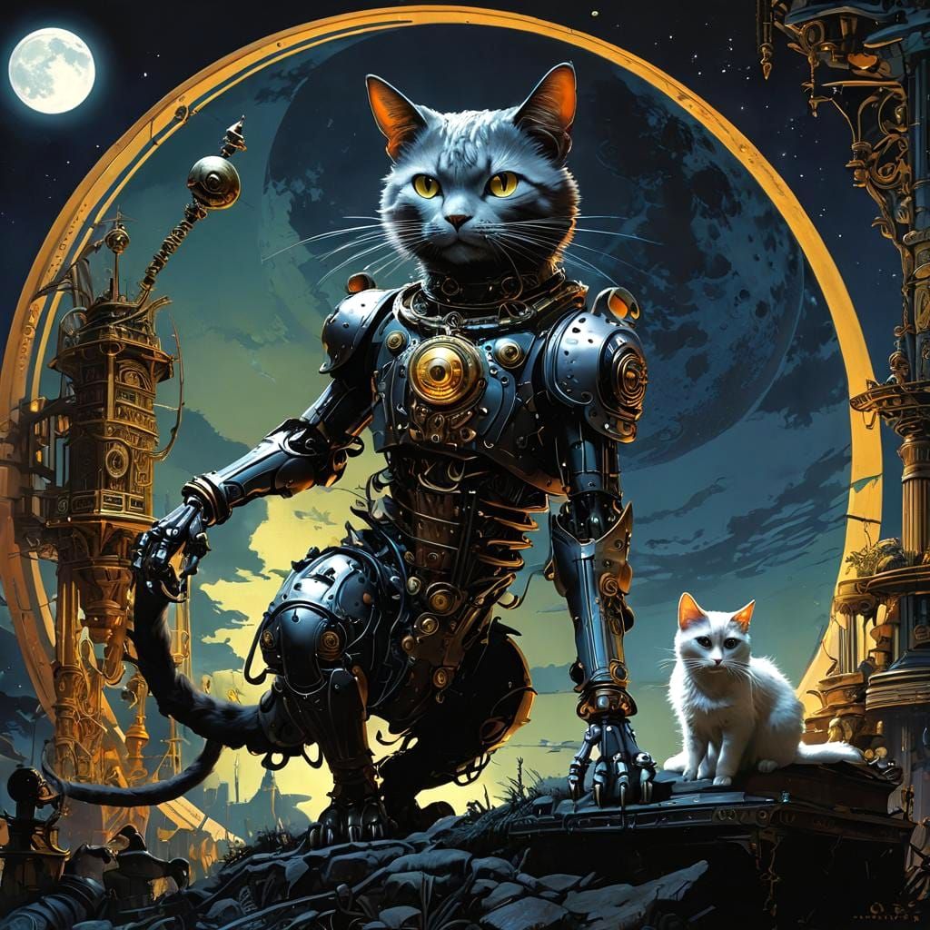 Steampunk Cat-Robot Playing Under the Moon as Oil Painting