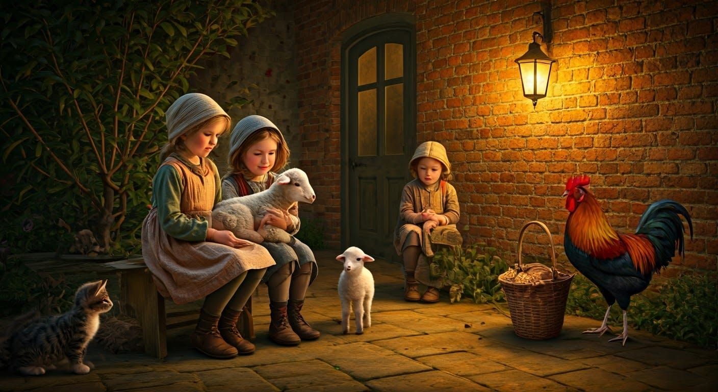 Children's Whimsical Gathering with Animals in a Cozy Outdoo...