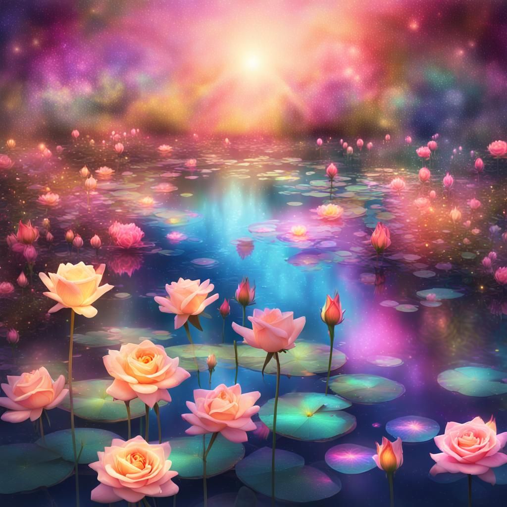 Vibrant Cosmic Rose Garden Digital Art