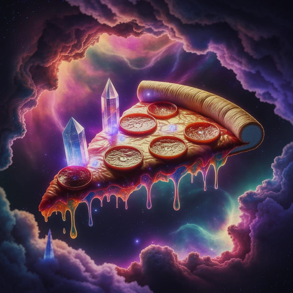 Cosmic Pizza Slice Floating in Nebula, Hyperrealistic