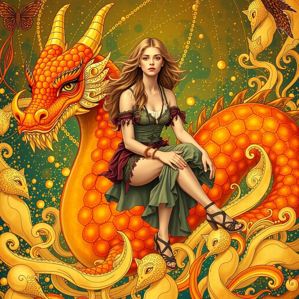 Bohemian Woman on Gummy Dragon in Dreamlike Soda Sea