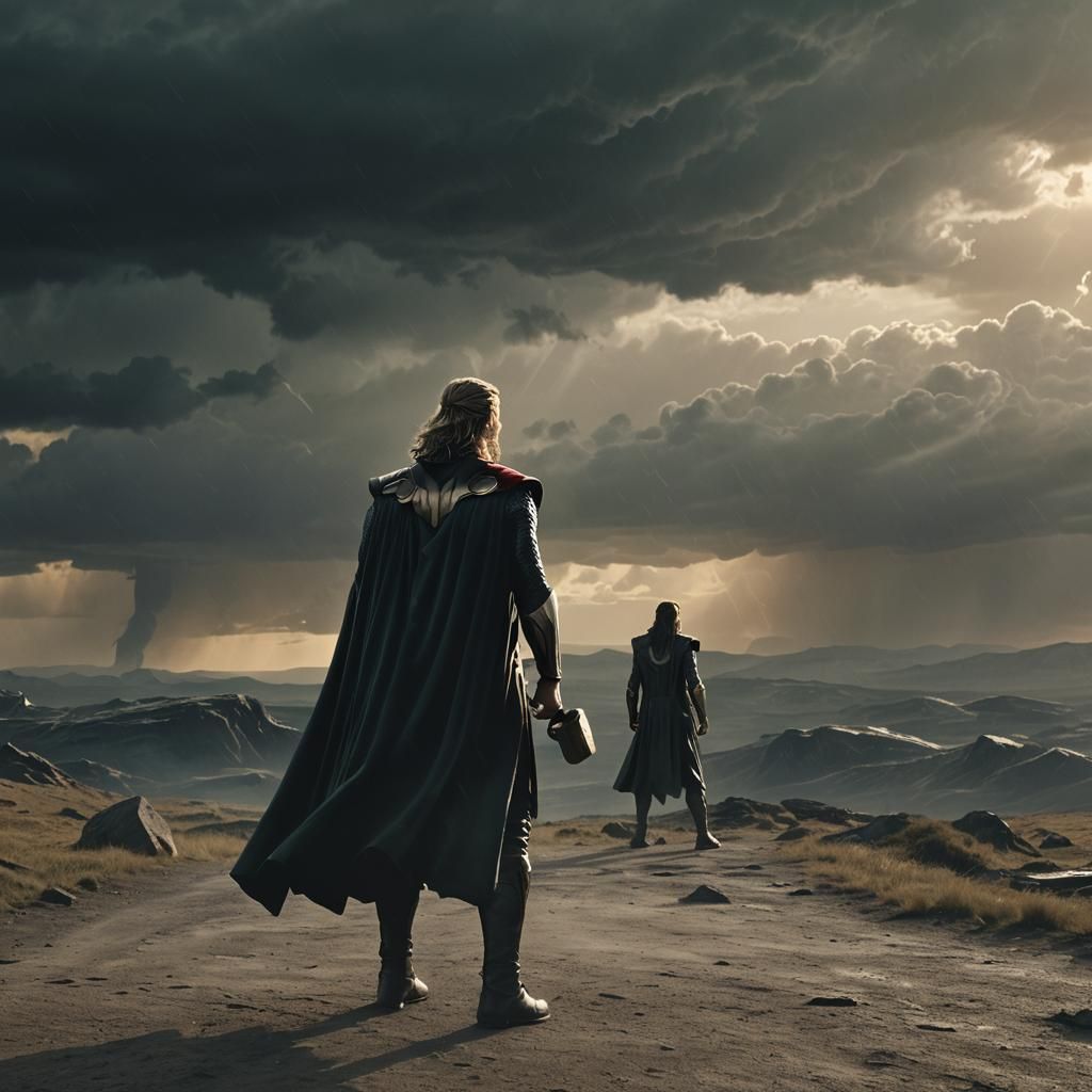 Thor and Loki in Stormy Landscape, Film Noir Style