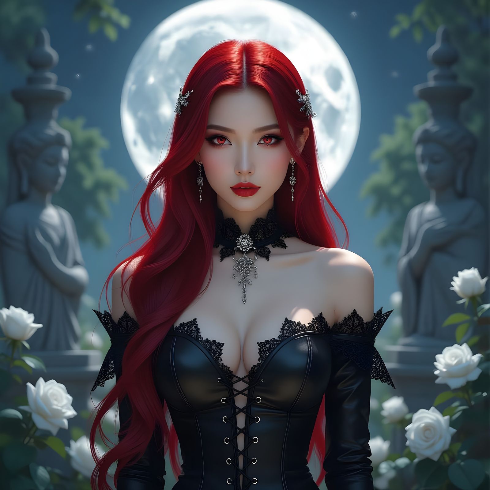 Gothic Couture Woman in Moonlit Rose Garden