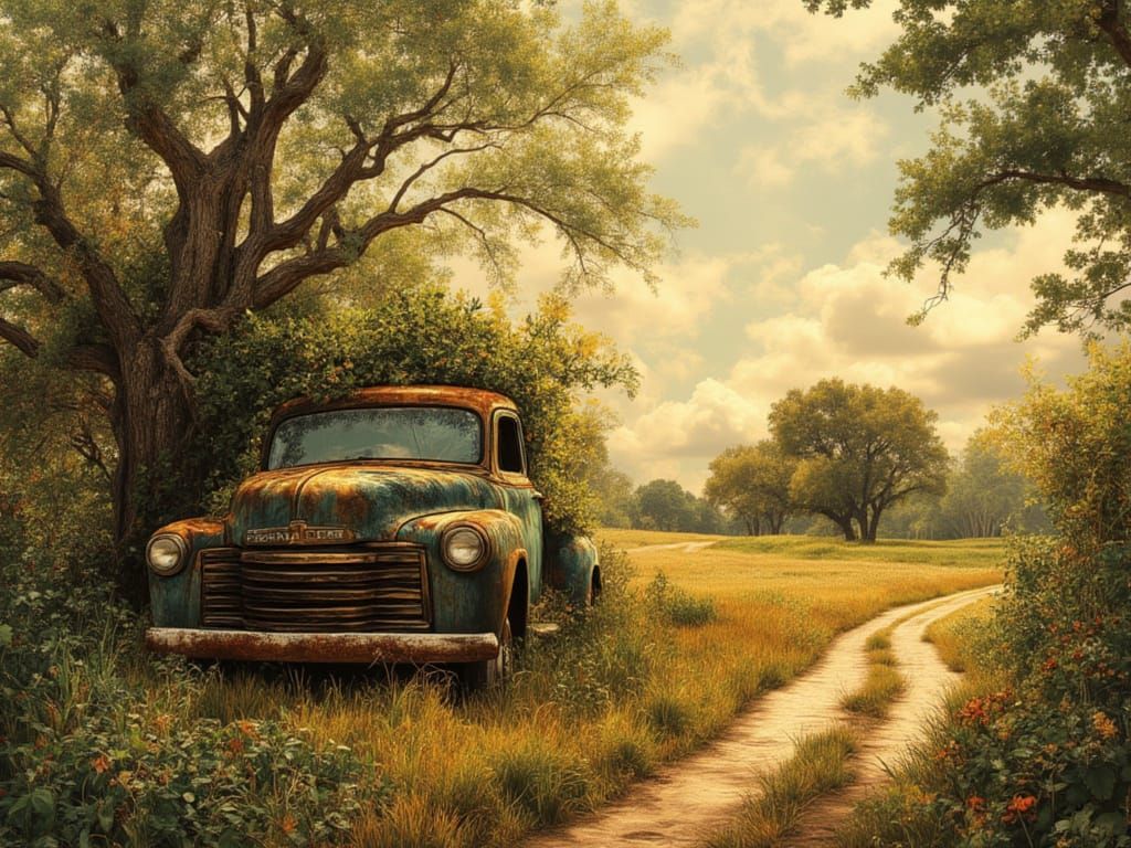 Nostalgic Rusted Truck in Overgrown Field