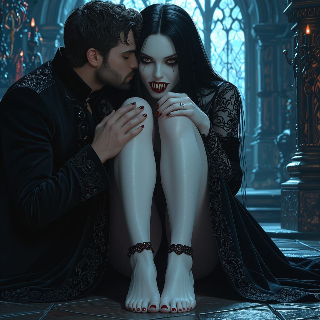 Gothic Vampire's Feet Kissed in Fantasy Concept Art
