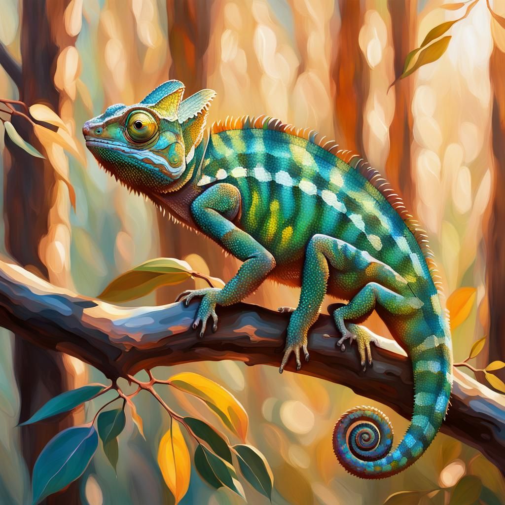 Chameleon in Sunlit Eucalyptus Forest: Australian Impression...