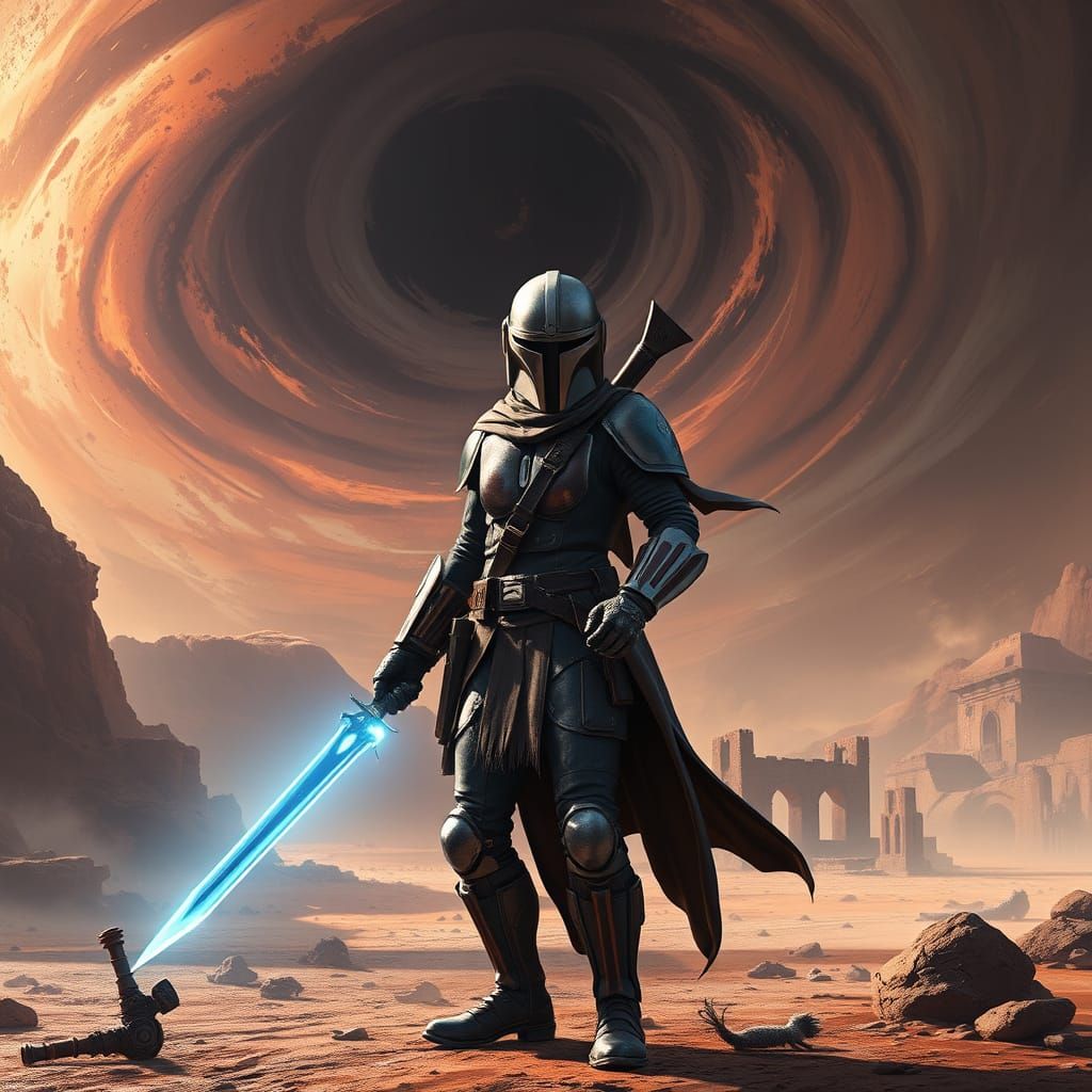 Mandalorian Warrior Stands on a Desolate Planet, Battling Co...