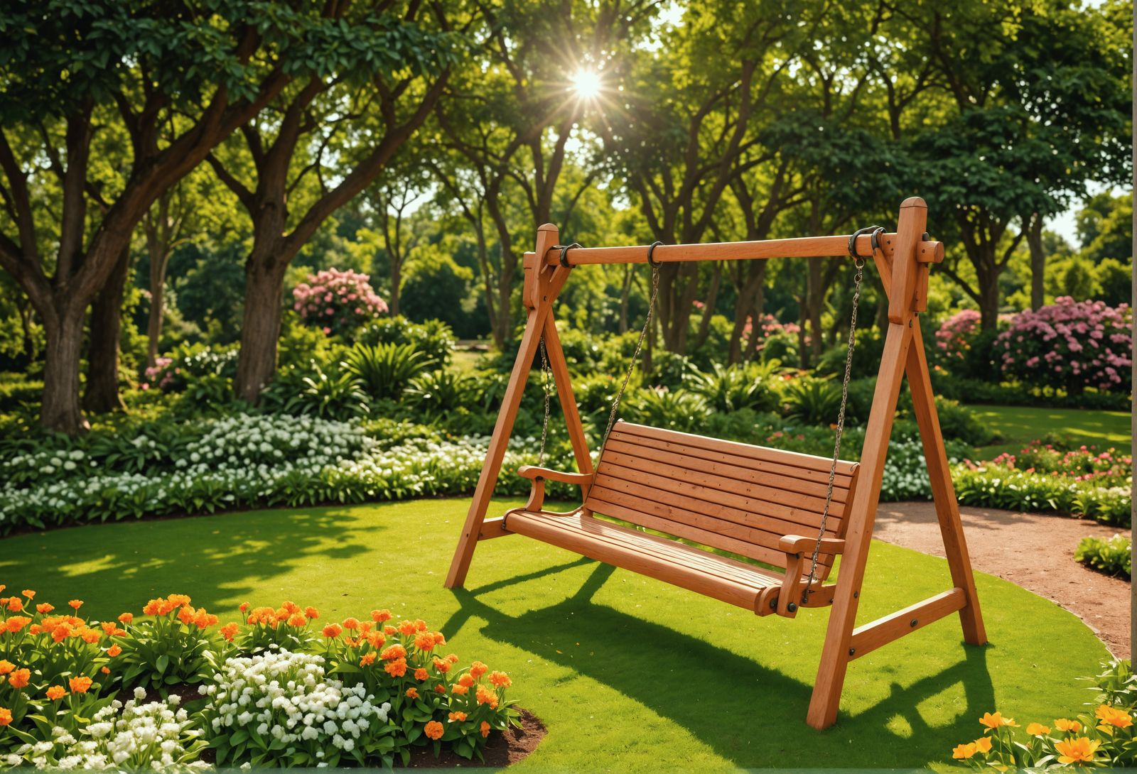 Wooden Swing in Hyperrealistic Botanical Garden