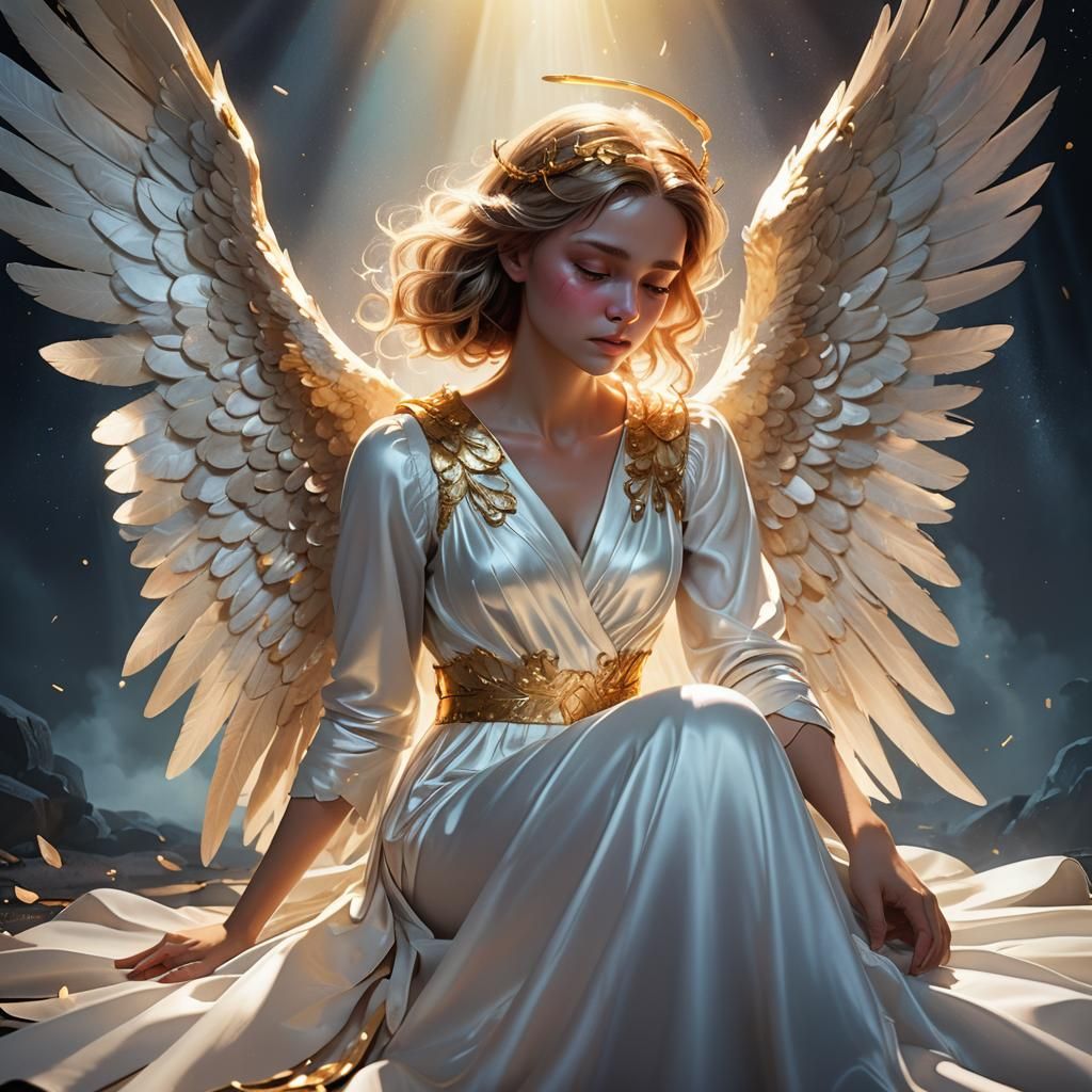 Fallen Angel in White Dress: Pixar-Style 3D Art