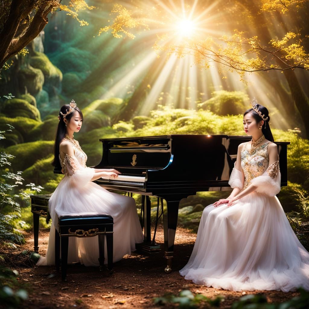 Jeweled Woman Plays Piano in Magical Forest