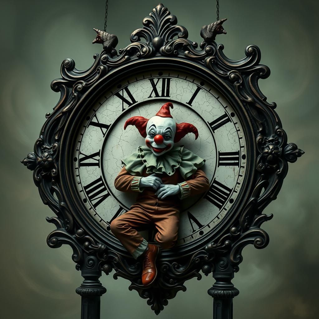 Melancholic Clown in Ornate Clock Frame
