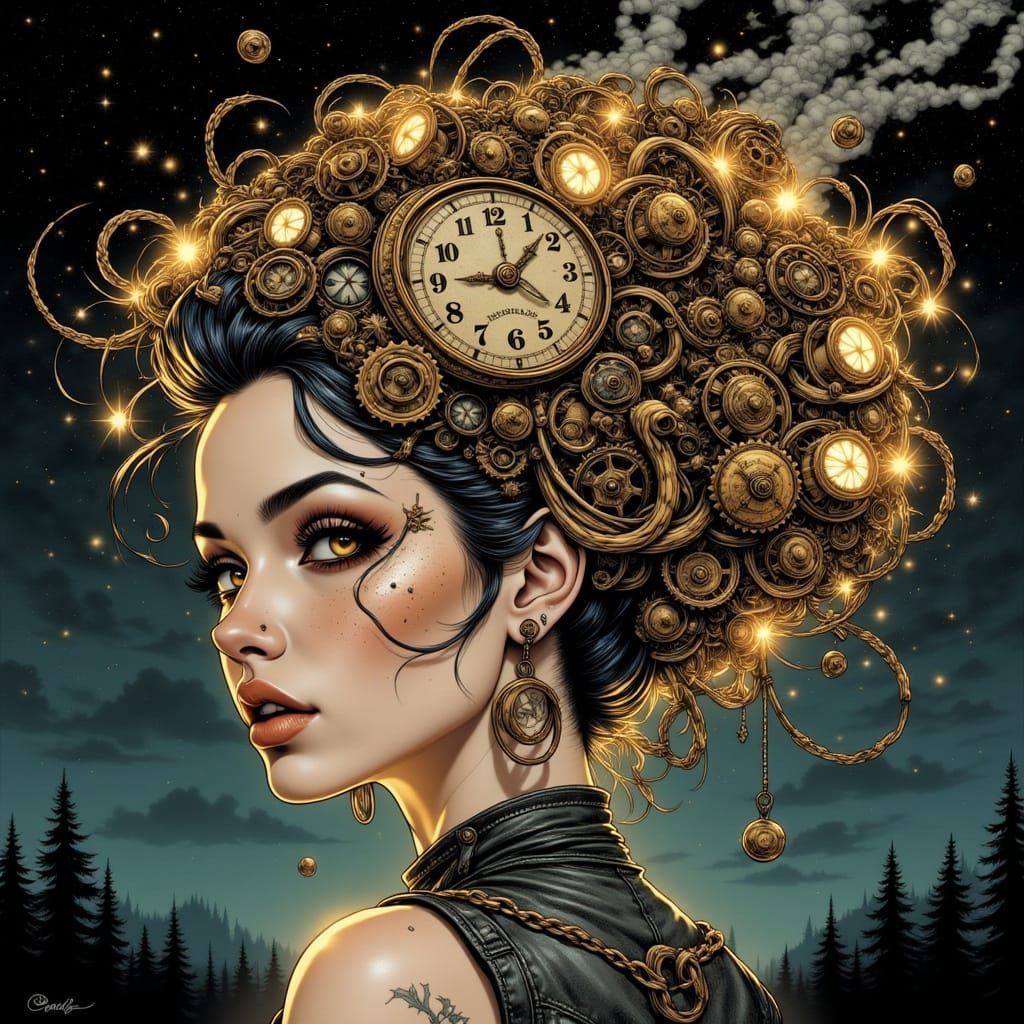 Steampunk Woman with Clockwork Hair