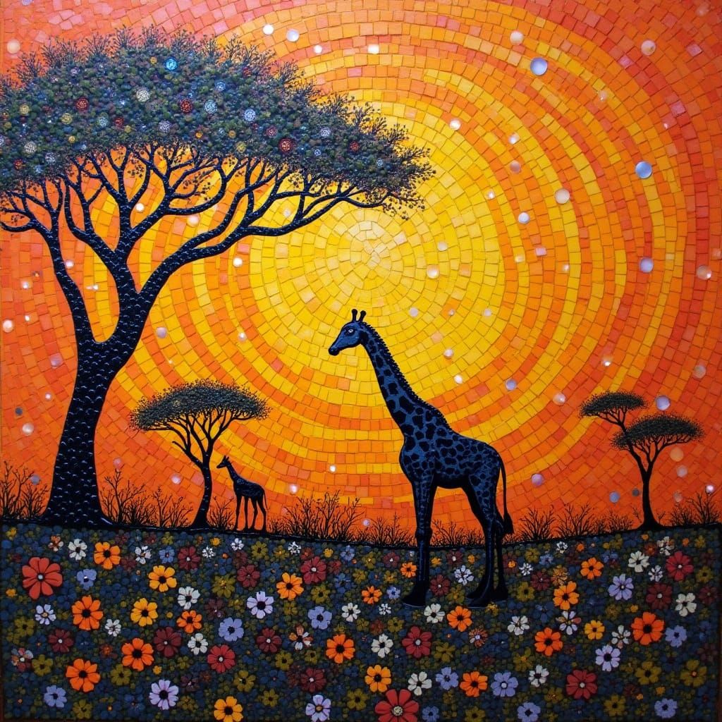Mosaic Giraffes in African Sunset, Impasto Oil