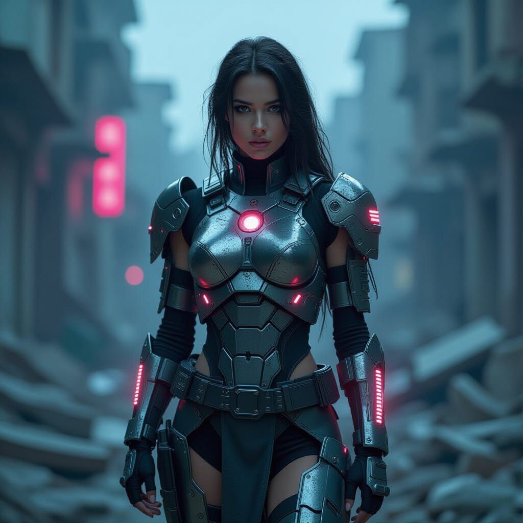 Cyberpunk Warrior in Ruins with Neon Lighting