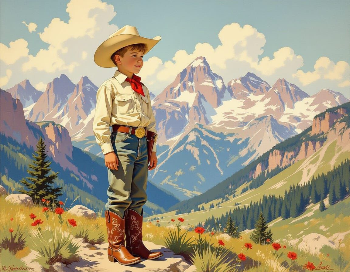 Cowboy in Mountain Landscape in Vintage Illustration Style