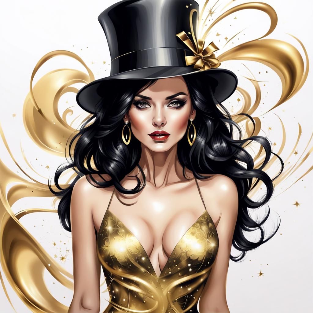 Elegant Woman in Gold Dress, Airbrush Illustration
