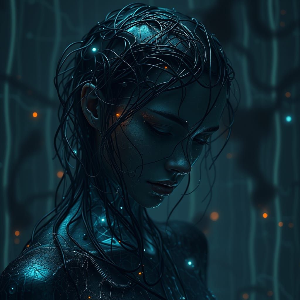 Dystopian Circuit Woman in Surreal Digital Art Style