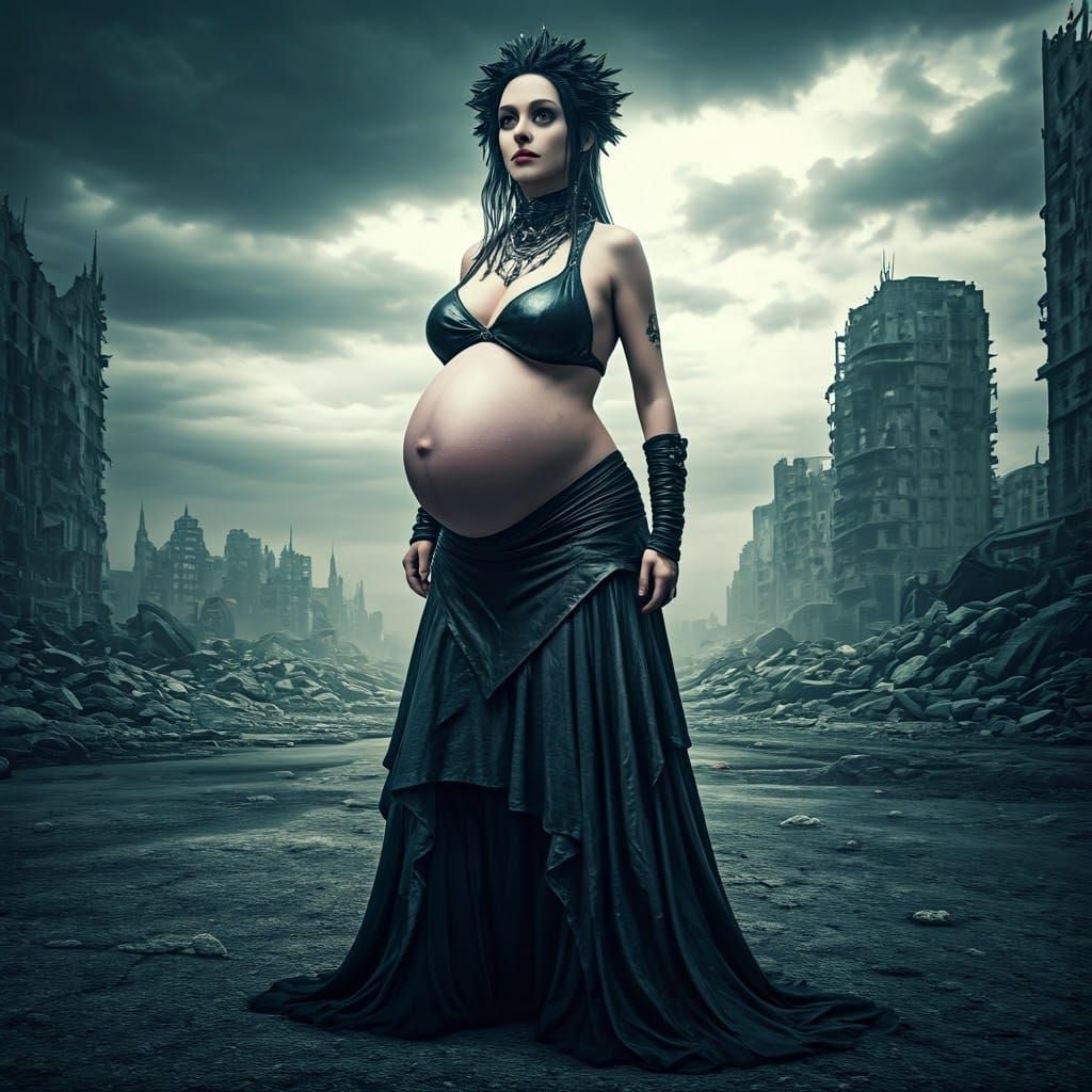 Preggopunk Heroine in Post-Apocalyptic Landscape