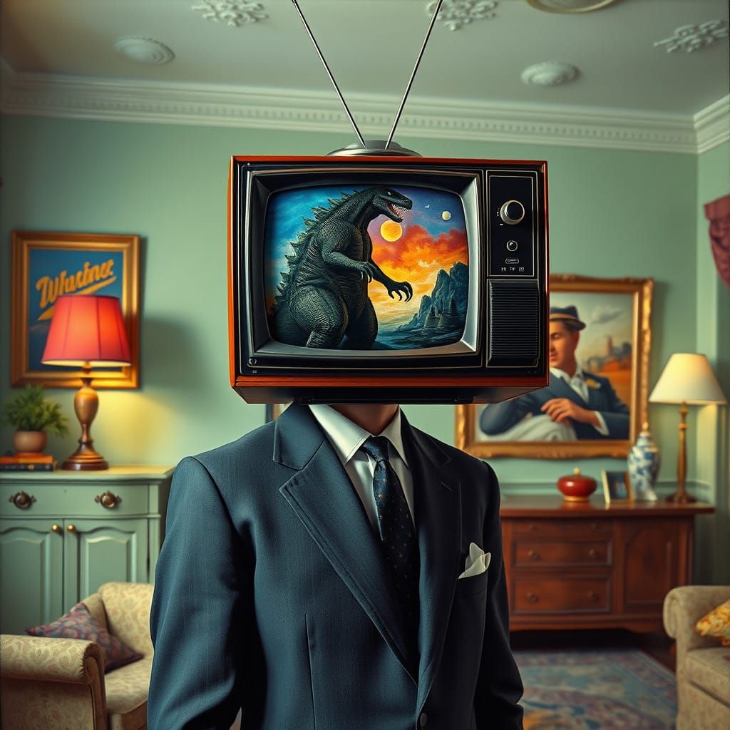 Hyper-Realistic 1950s Gentleman with TV Head, Surrounded by...