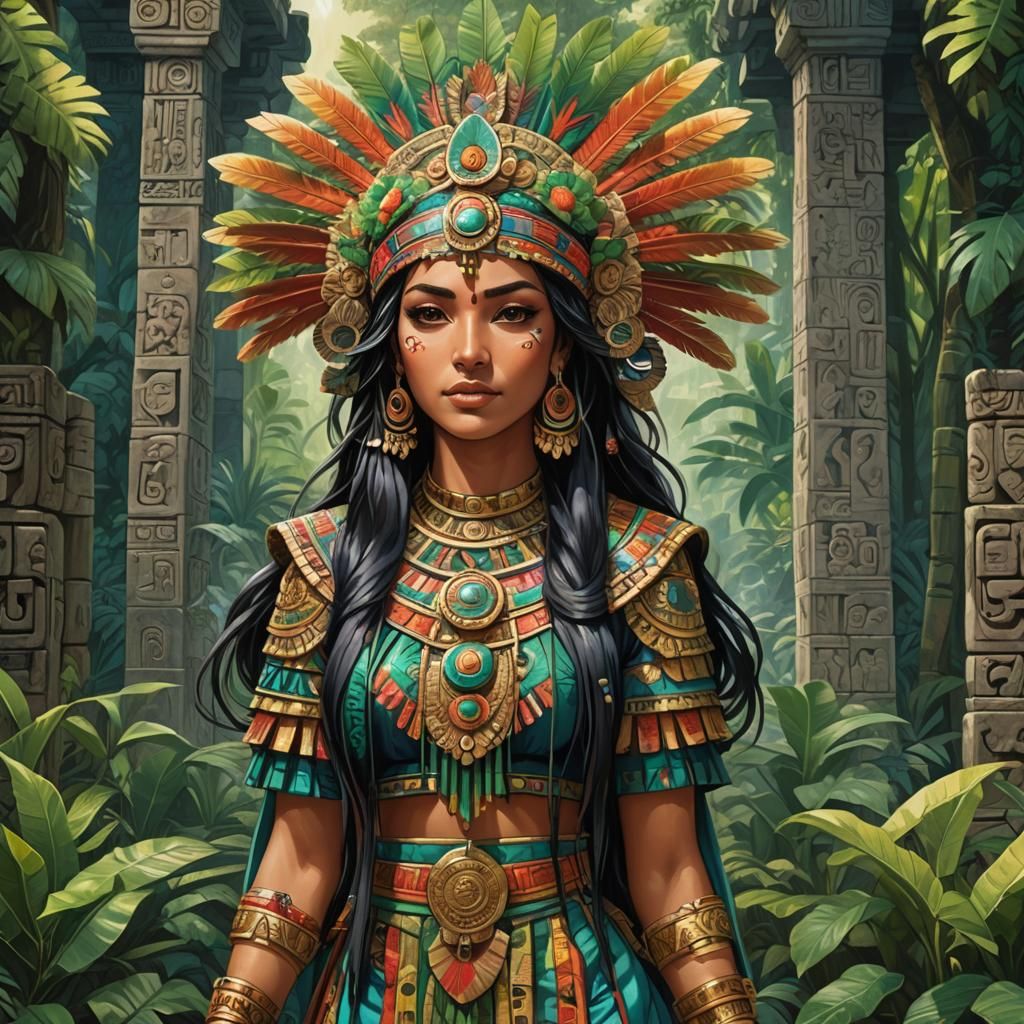 Anime Woman in Mesoamerican Regalia, Studio Ghibli Style