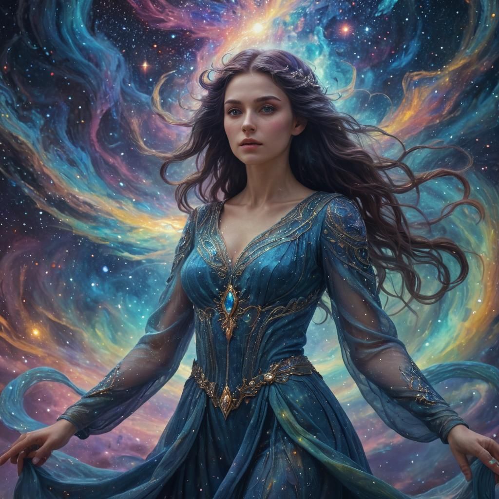 Shimmering Sorceress in a Van Gogh-Inspired Nebula