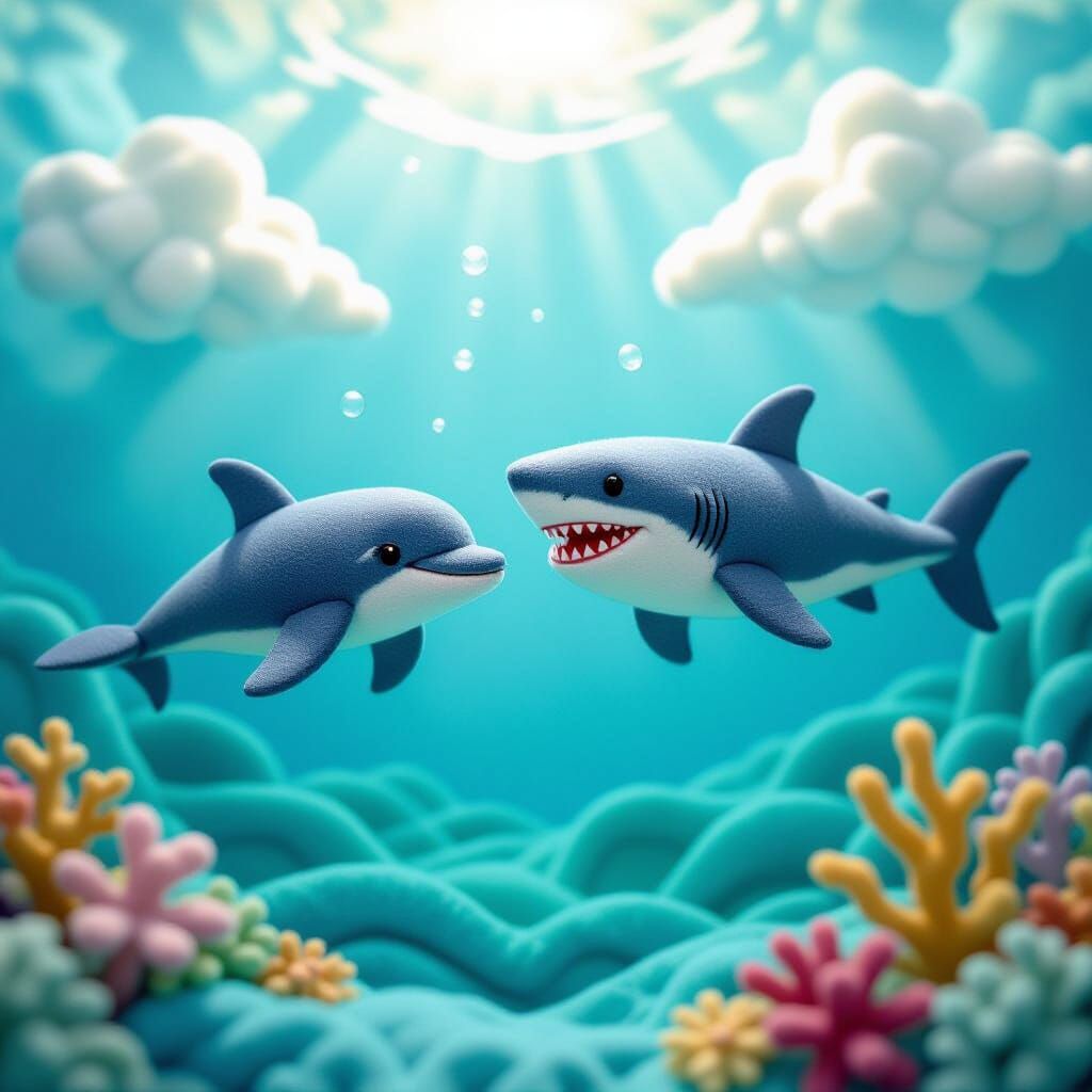 Felted Dolphin and Megalodon in Dreamy Underwater Scene