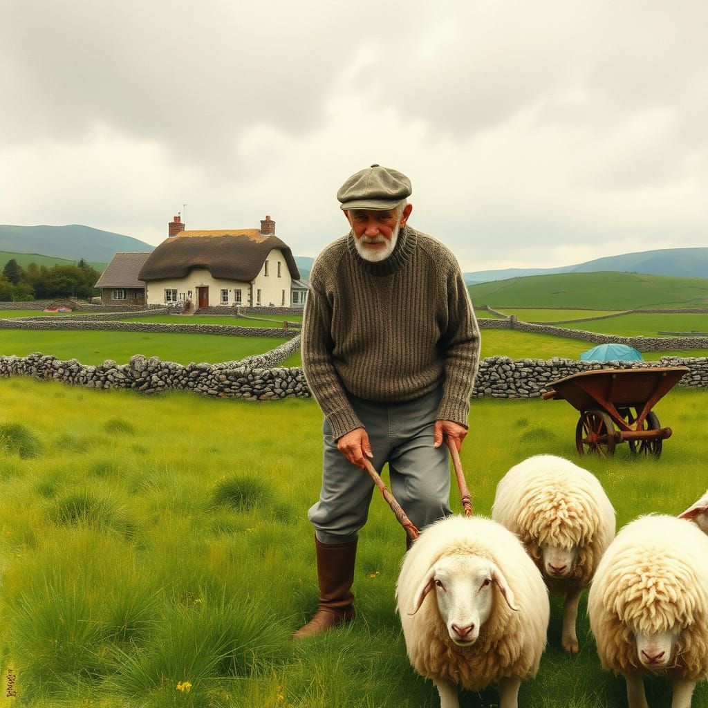 Irish Farmer and Sheep in Watercolor Landscape